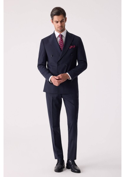 Erkek Lacivert Çizgili Slim Fit Kruvaze Takım Elbise indirimleri