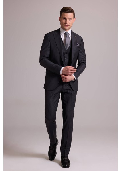 Erkek Gri Slim Fit Kırlangıç Yaka Yelekli Çizgili Yün Takım Elbise modelleri