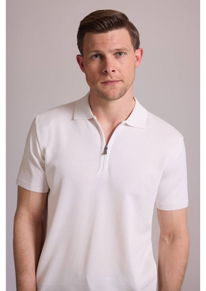 Erkek Kemik Regular Fit Polo Yaka Fermuarlı Triko Tişört
