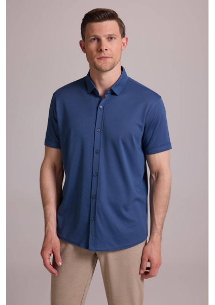 Erkek Mavi Merserize Kısa Kol Gömlek