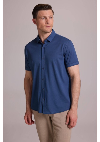 Erkek Mavi Merserize Kısa Kol Gömlek modelleri