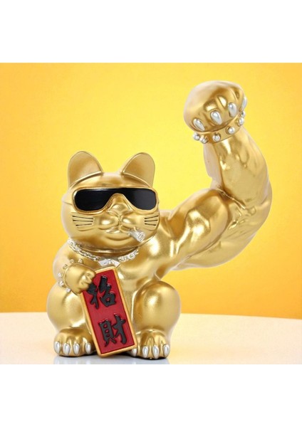 KuzeyTacı Altın Rengi, Güneş Gözlüğü, Sigara, Dev Kas ve Zincir Detaylarıyla Klasik Şans Kedisi Vip