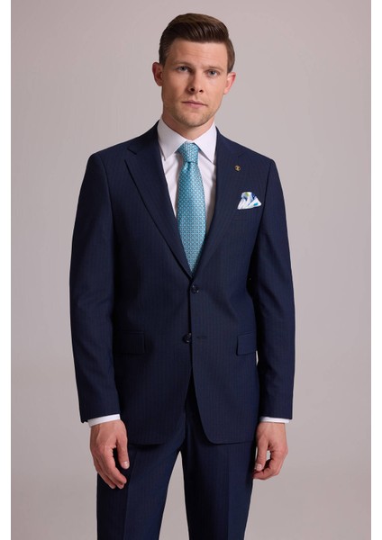Erkek Lacivert Çizgili Regular Fit Mono Yaka %100 Yün Takım Elbise
