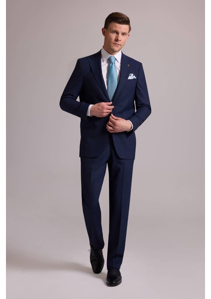 Erkek Lacivert Çizgili Regular Fit Mono Yaka %100 Yün Takım Elbise fiyatları
