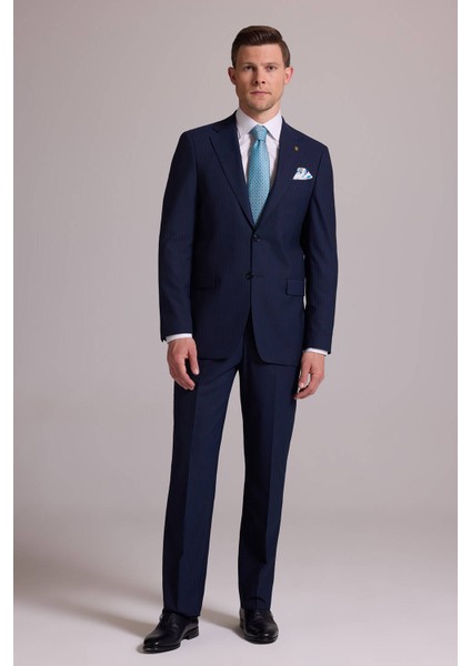 Erkek Lacivert Çizgili Regular Fit Mono Yaka %100 Yün Takım Elbise modelleri