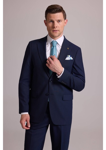 Erkek Lacivert Çizgili Regular Fit Mono Yaka %100 Yün Takım Elbise fırsatları