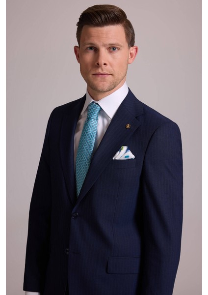 Erkek Lacivert Çizgili Regular Fit Mono Yaka %100 Yün Takım Elbise indirimleri