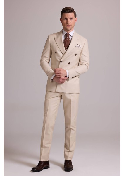 Erkek Krem Slim Fit Kruvaze Yün Takım Elbise