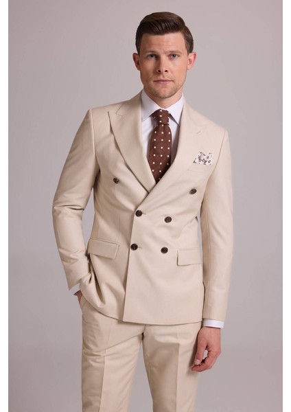 Erkek Krem Slim Fit Kruvaze Yün Takım Elbise modelleri