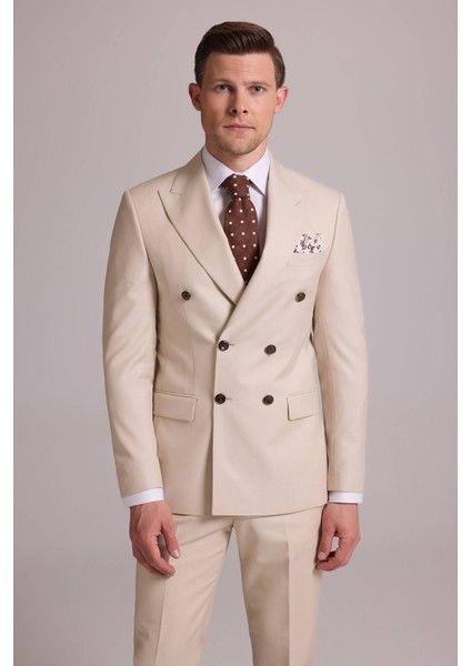 Erkek Krem Slim Fit Kruvaze Yün Takım Elbise fırsatları