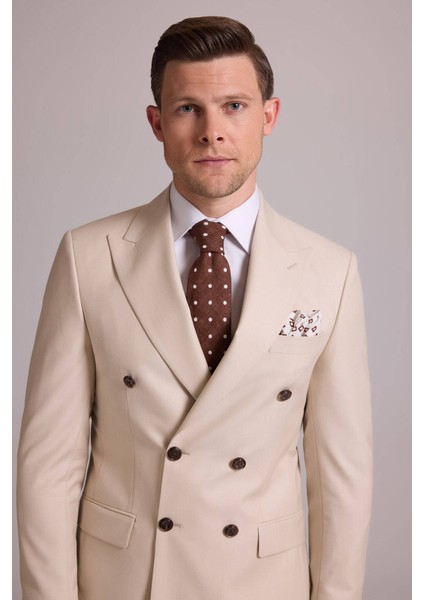 Erkek Krem Slim Fit Kruvaze Yün Takım Elbise indirimleri