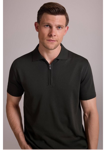 Erkek Yeşil Regular Fit Polo Yaka Fermuarlı Triko Tişört