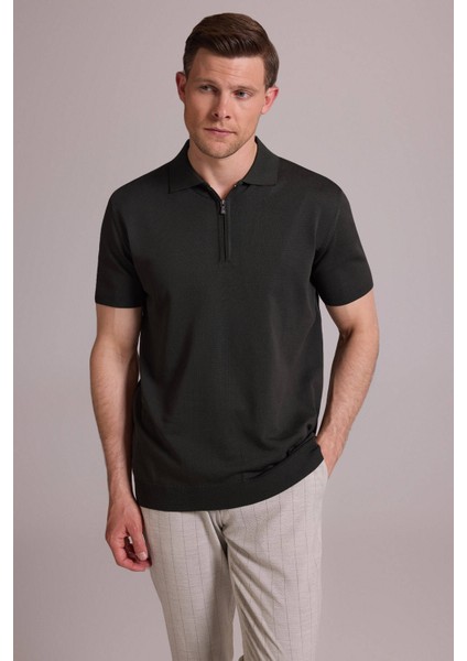 Erkek Yeşil Regular Fit Polo Yaka Fermuarlı Triko Tişört fiyatları