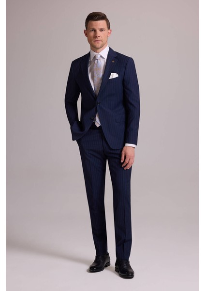 Erkek Lacivert Çizgili Slim Fit Mono Yaka %100 Yün Takım Elbise
