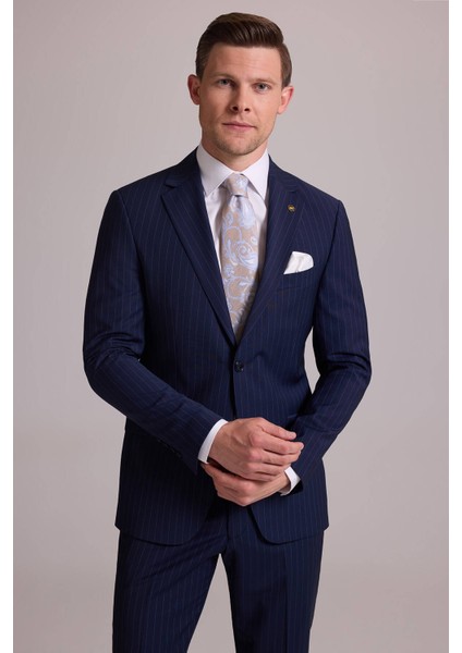 Erkek Lacivert Çizgili Slim Fit Mono Yaka %100 Yün Takım Elbise fiyatları