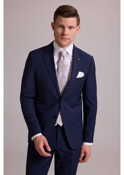 Erkek Lacivert Çizgili Slim Fit Mono Yaka %100 Yün Takım Elbise modelleri