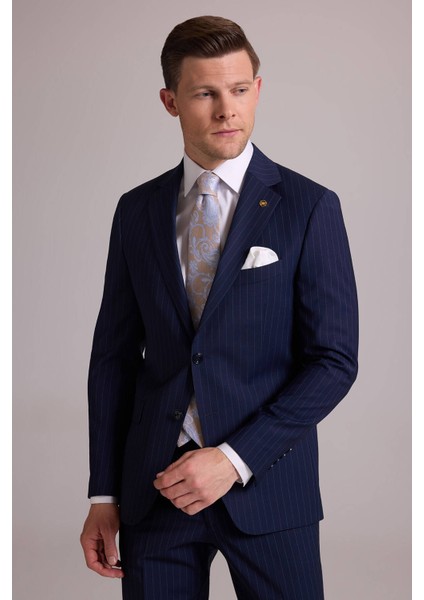 Erkek Lacivert Çizgili Slim Fit Mono Yaka %100 Yün Takım Elbise fırsatları