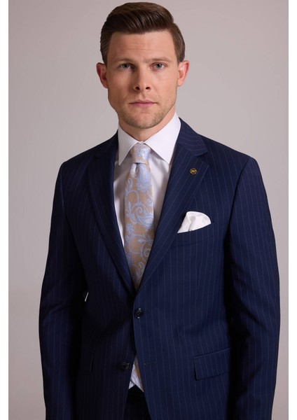 Erkek Lacivert Çizgili Slim Fit Mono Yaka %100 Yün Takım Elbise indirimleri