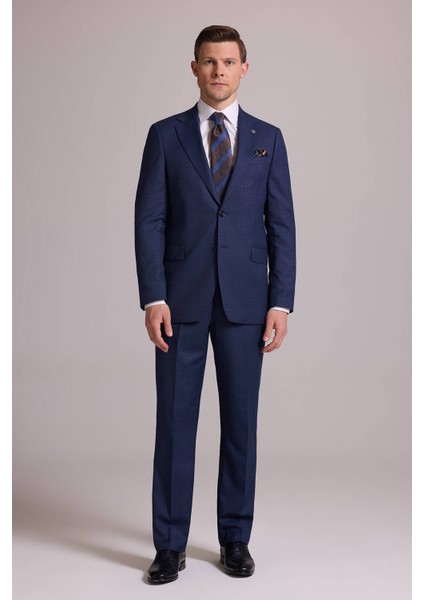 Erkek Lacivert Regular Fit Mono Yaka Yünlü Takım Elbise