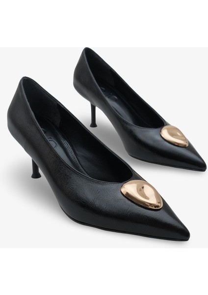 Kadın Sivri Burun Gold Tokalı Günlük Topuklu Stiletto Peris Siyah