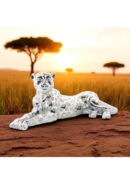 Zarif Gümüş Renk Çita Figürü Lüks Dekoratif Vip 50 cm