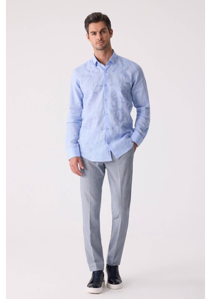 Erkek Mavi Slim Fit Gizli Yaka Düğmeli Keten Gömlek