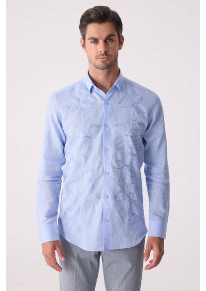Erkek Mavi Slim Fit Gizli Yaka Düğmeli Keten Gömlek fiyatları