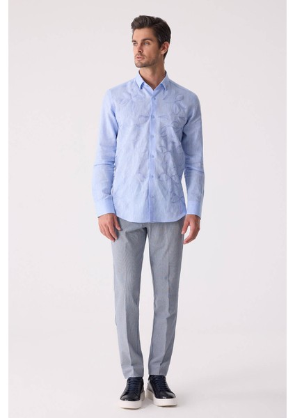 Erkek Mavi Slim Fit Gizli Yaka Düğmeli Keten Gömlek modelleri