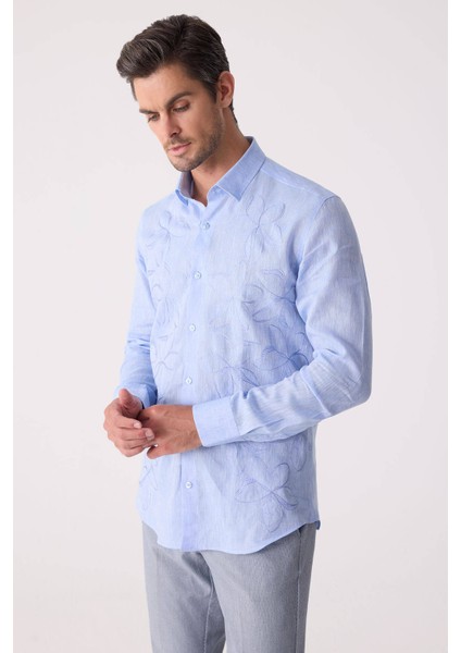 Erkek Mavi Slim Fit Gizli Yaka Düğmeli Keten Gömlek fırsatları