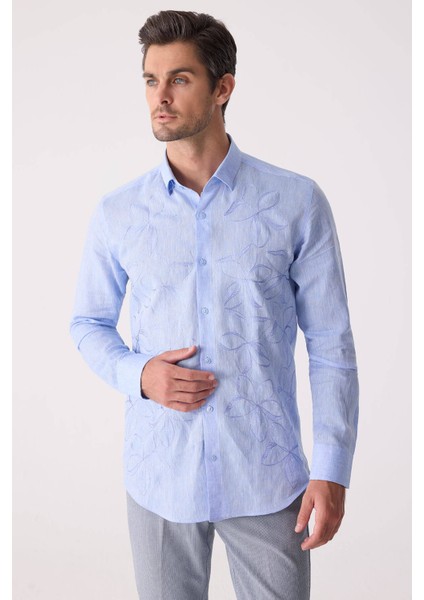 Erkek Mavi Slim Fit Gizli Yaka Düğmeli Keten Gömlek indirimleri