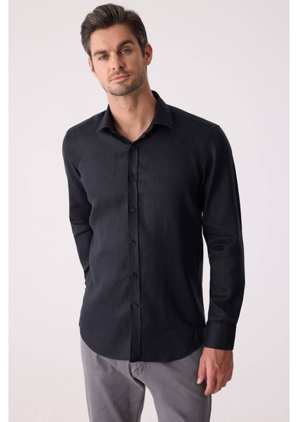 Erkek Siyah Slim Fit Klasik Yaka Keten Gömlek