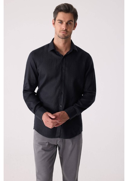 Erkek Siyah Slim Fit Klasik Yaka Keten Gömlek fiyatları