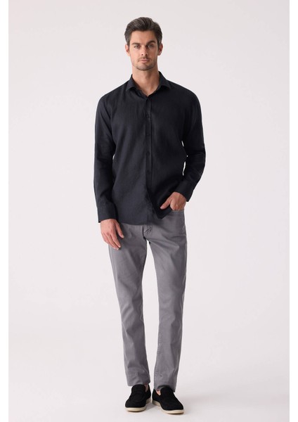 Erkek Siyah Slim Fit Klasik Yaka Keten Gömlek modelleri
