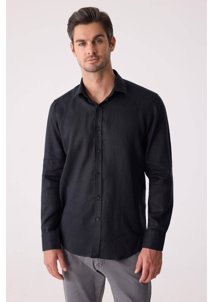 Erkek Siyah Slim Fit Klasik Yaka Keten Gömlek fırsatları