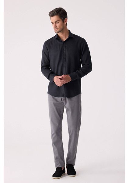 Erkek Siyah Slim Fit Klasik Yaka Keten Gömlek indirimleri