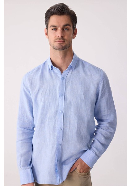 Erkek Mavi Slim Fit Klasik Yaka Keten Gömlek