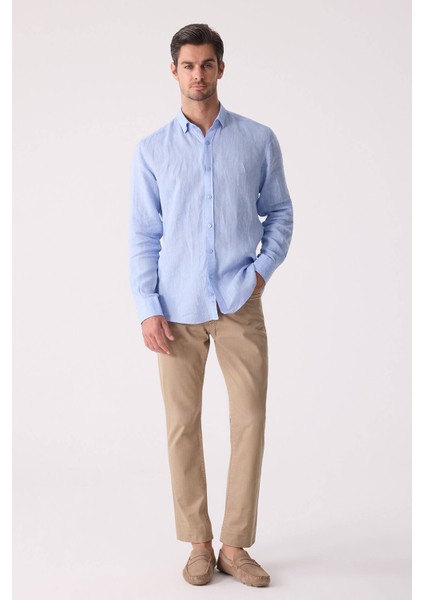 Erkek Mavi Slim Fit Klasik Yaka Keten Gömlek fiyatları