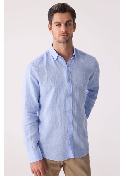 Erkek Mavi Slim Fit Klasik Yaka Keten Gömlek modelleri
