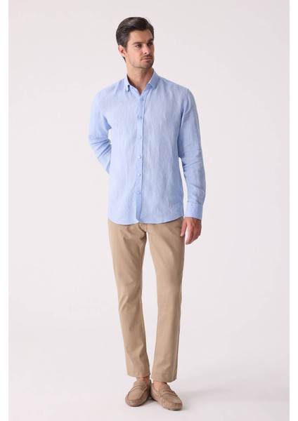 Erkek Mavi Slim Fit Klasik Yaka Keten Gömlek fırsatları