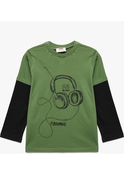 Pamuklu Uzun Kollu Bisiklet Yaka Baskılı Tişört