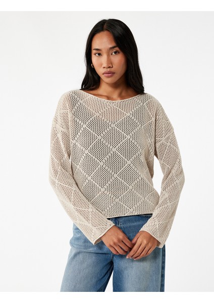 Kayık Yaka Uzun Kollu Triko Ajurlu Kazak