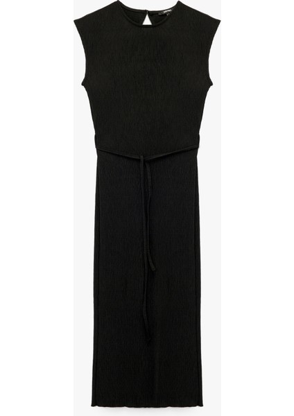 Bisiklet Yaka Bağlama Detaylı Kolsuz Midi Boy Piliseli Kalem Elbise