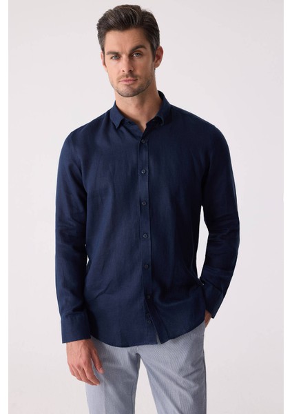 Erkek Lacivert Slim Fit Klasik Yaka Keten Gömlek