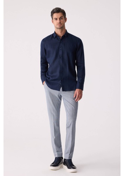 Erkek Lacivert Slim Fit Klasik Yaka Keten Gömlek fiyatları