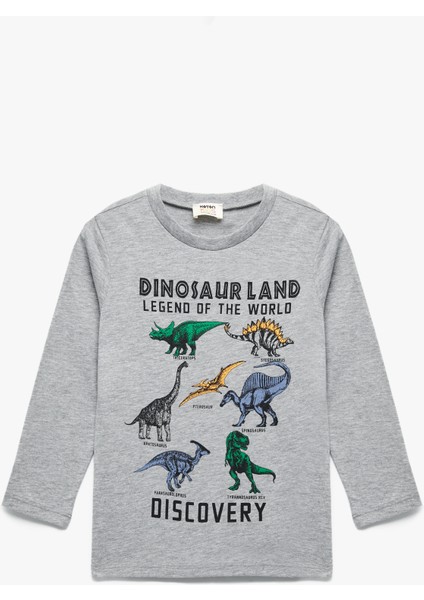 Dinozor Baskılı Uzun Kollu Bisiklet Yaka Tişört