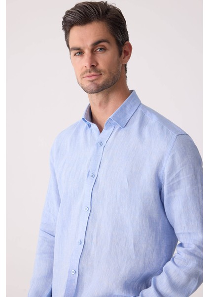 Erkek Mavi Slim Fit Klasik Yaka Keten Gömlek indirimleri