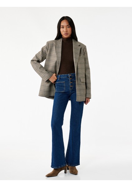 Yüksek Bel Düğmeli Dar Kesim Cep Detaylı Pamuklu Ispanyol Paça Jean Pantolon - Flare Jeans