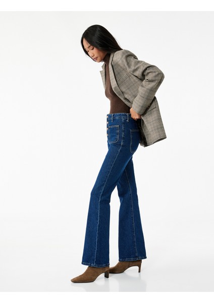 Yüksek Bel Düğmeli Dar Kesim Cep Detaylı Pamuklu Ispanyol Paça Jean Pantolon - Flare Jeans fiyatları