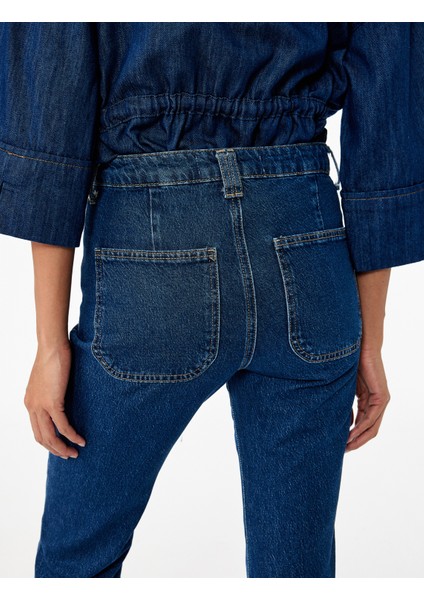 Yüksek Bel Düğmeli Dar Kesim Cep Detaylı Pamuklu Ispanyol Paça Jean Pantolon - Flare Jeans modelleri