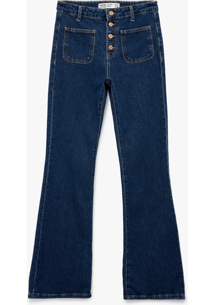 Yüksek Bel Düğmeli Dar Kesim Cep Detaylı Pamuklu Ispanyol Paça Jean Pantolon - Flare Jeans fırsatları